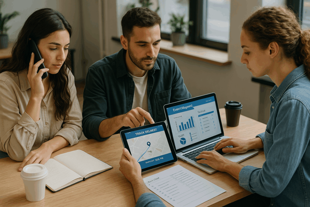 Event planners using digital tools for coordination