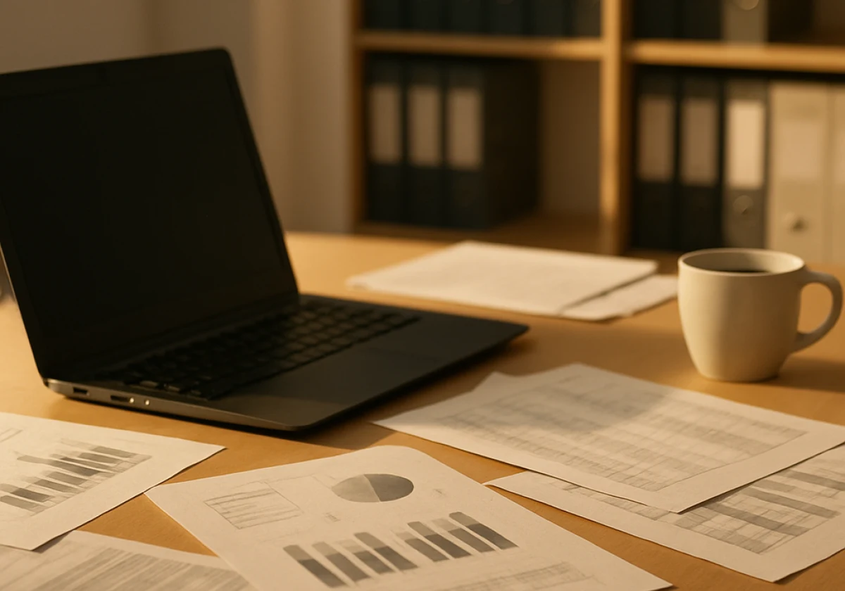 Corporate office desk in afternoon light with an open laptop