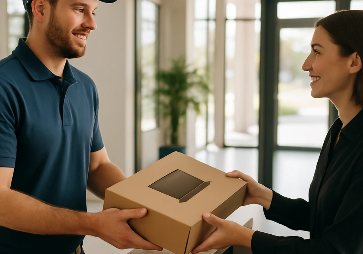 Courier in a delivery uniform presenting a sealed laptop box across
