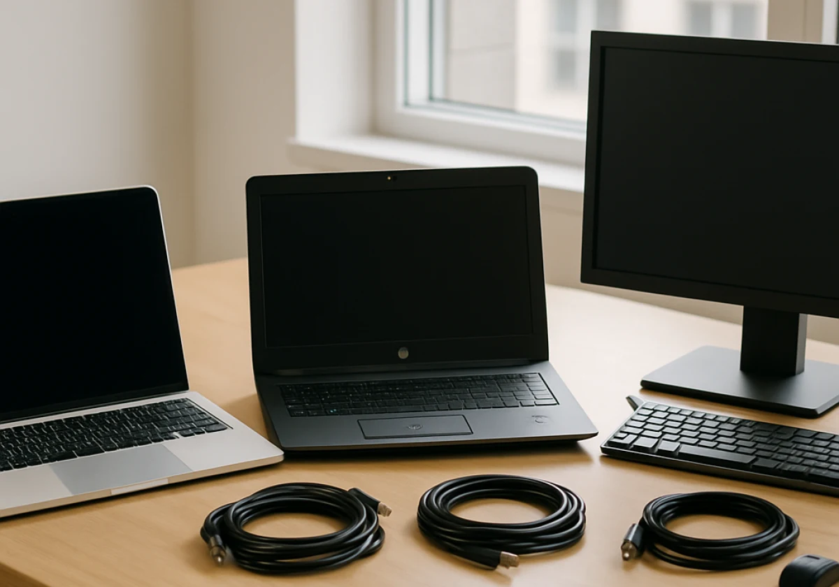 Polished desk displaying three open rental computers arranged