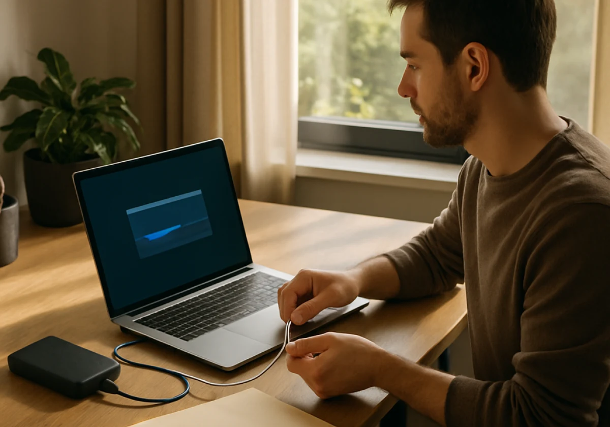 Professional at their home desk preparing to return a borrowed laptop