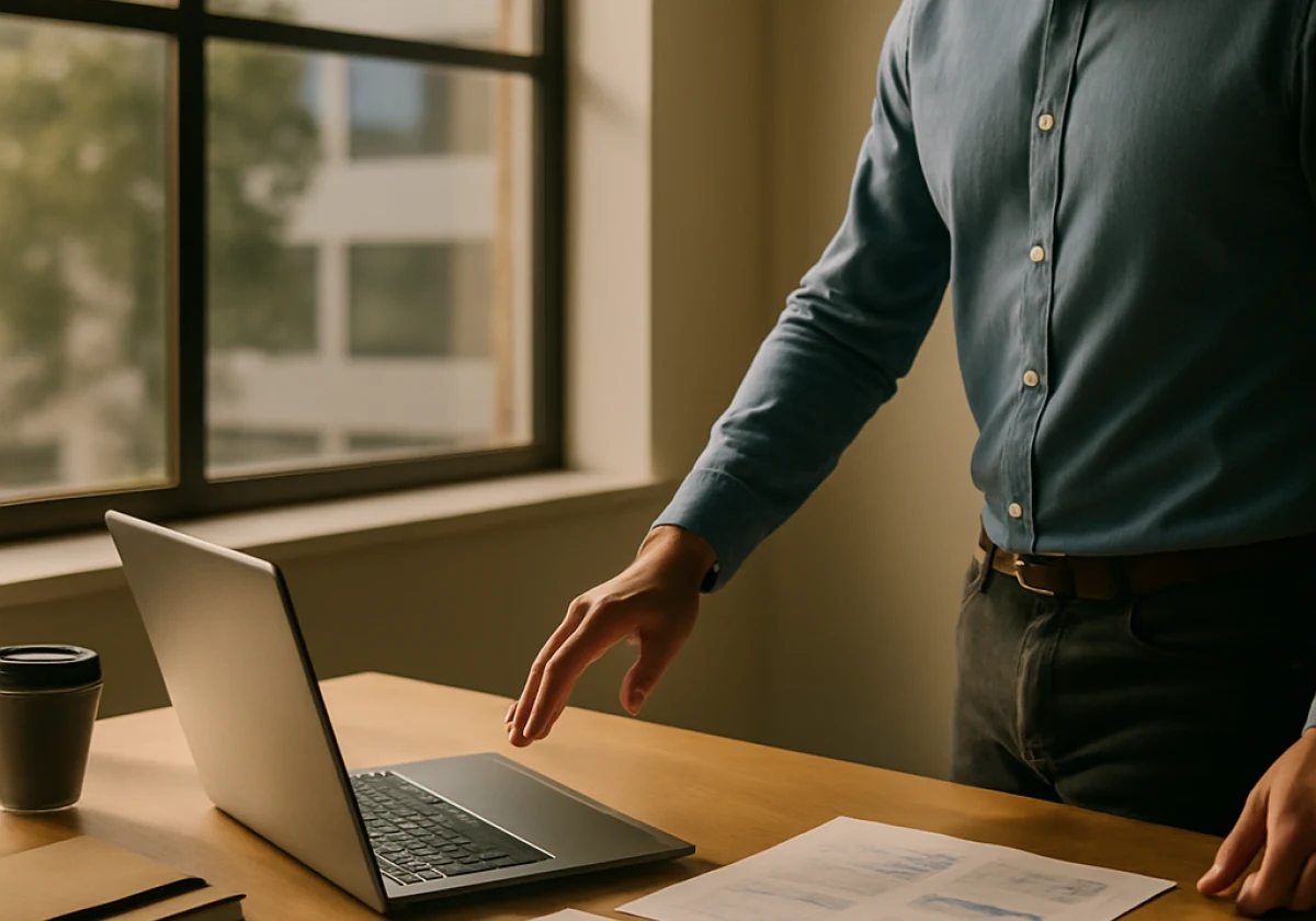 Second employee approaching a shared office desk where a laptop sits